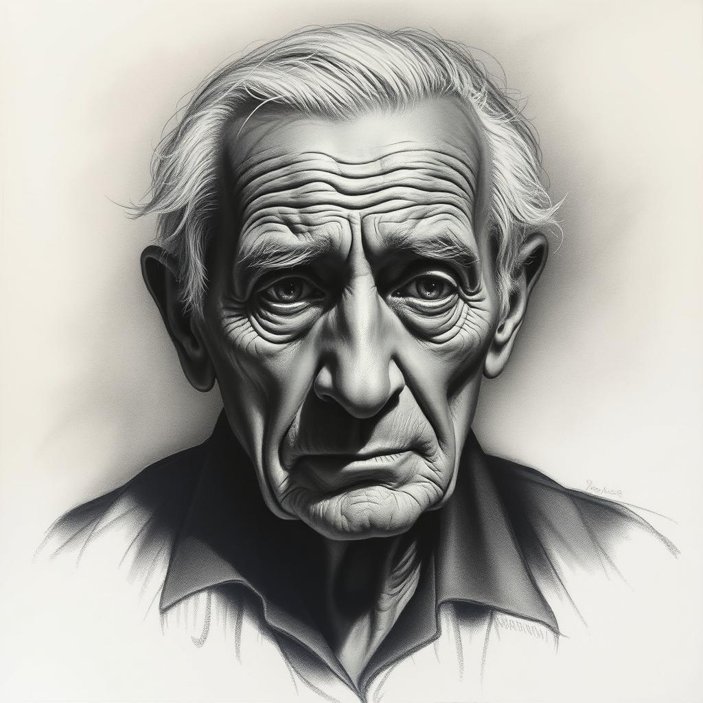 A striking charcoal drawing titled 'Echoes of the Soul', representing a dramatic portrait of an elderly man deep in thought