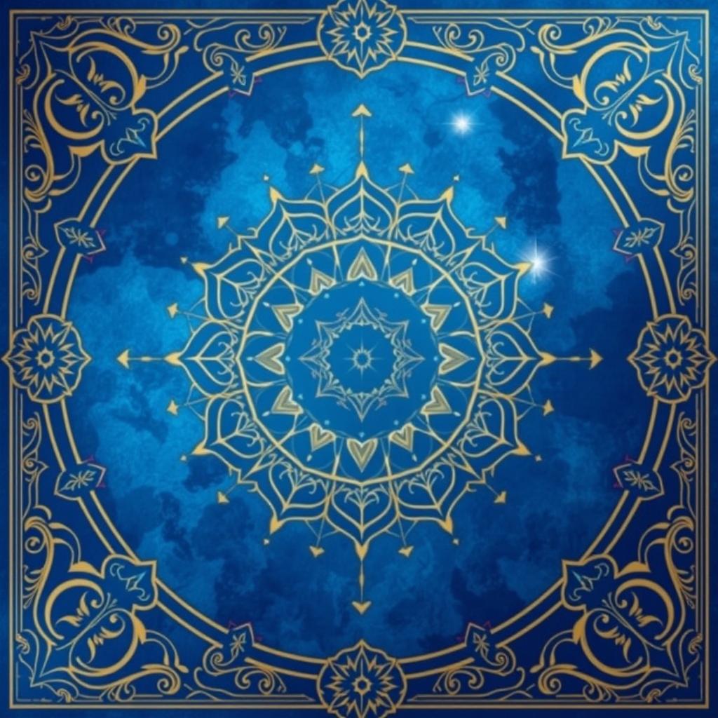 A religious-themed blue background designed for Augmented Reality, featuring intricate patterns and symbols that evoke spirituality and tranquility