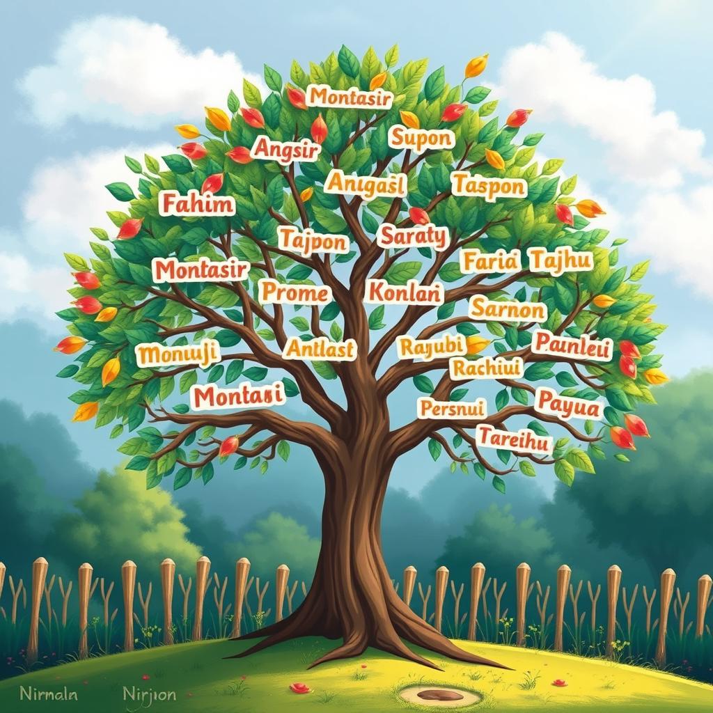 A beautifully illustrated tree representing the following names artfully integrated into its branches: Fahim, Montasir, Supon, Angkon, Sadu, Sristy, Sornali, Faria, Tasnia, Prome, Sejuti, Rahia, Majhi, Montasin, Shoawn, Raju, Roja, Shanto, Imdadul, Safi, Noushin, Keya, Rafa, Samiul, Aditto, Jyonto, Rajesh, Shuvojit, Anoy, Romena, Afia, Ahad, Sakib, Ripon, Rofiq, Siam, Jarir, Mahmudul, Nirjon