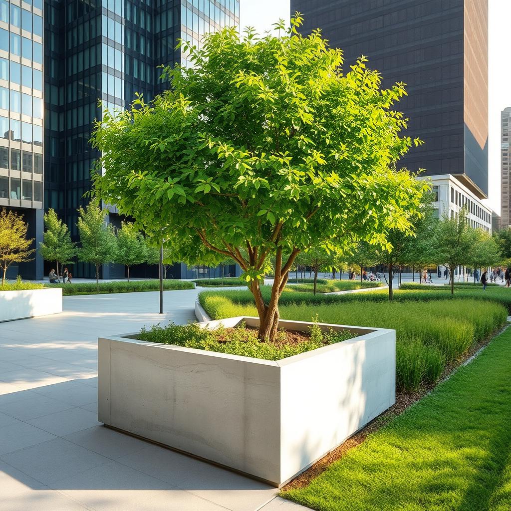 A modern urban park scene featuring a large, beautiful tree planted within a sleek concrete planter box