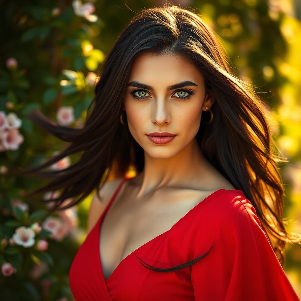 A stunning portrait of a confident woman with flowing dark hair and piercing blue eyes, wearing a vibrant red dress that elegantly drapes over her shoulders