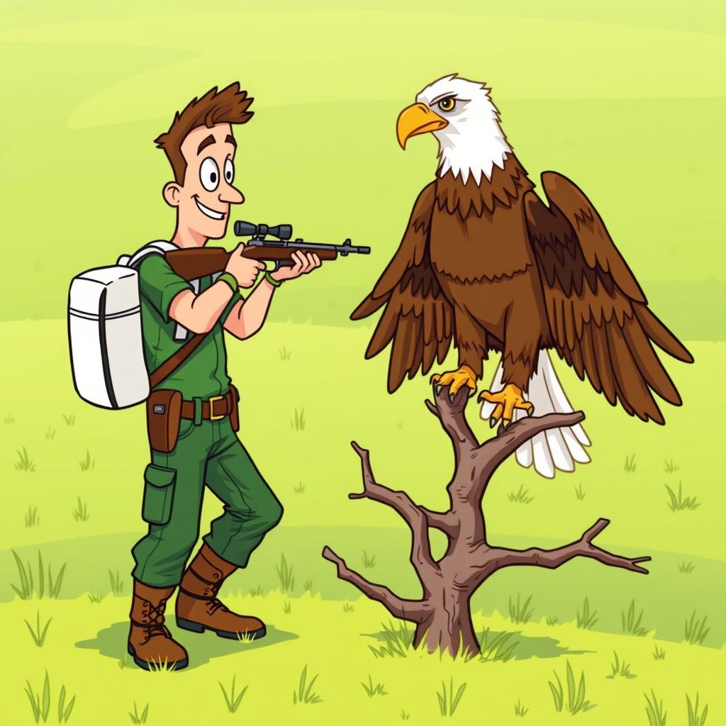 A playful cartoon scene featuring a hunter in green pants and a matching green shirt, wearing sturdy brown boots