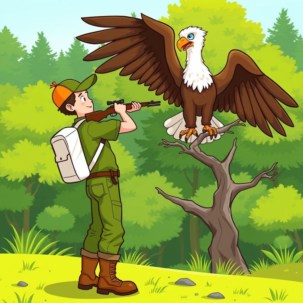 A cheerful cartoon scene featuring a hunter dressed in green pants and a matching green shirt, wearing rugged brown boots