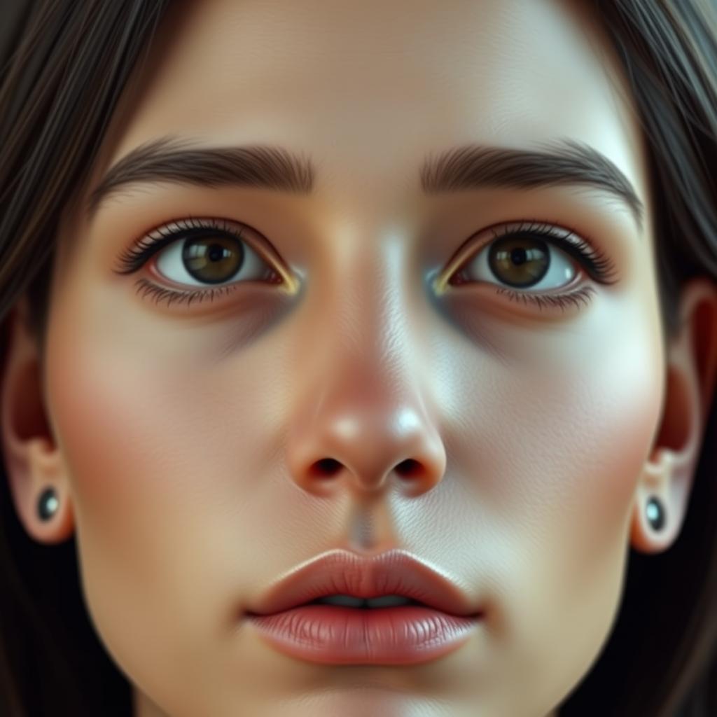 A close-up portrait of a human face featuring realistic human ears that are well-proportioned and uniquely shaped to complement the overall aesthetics of the face