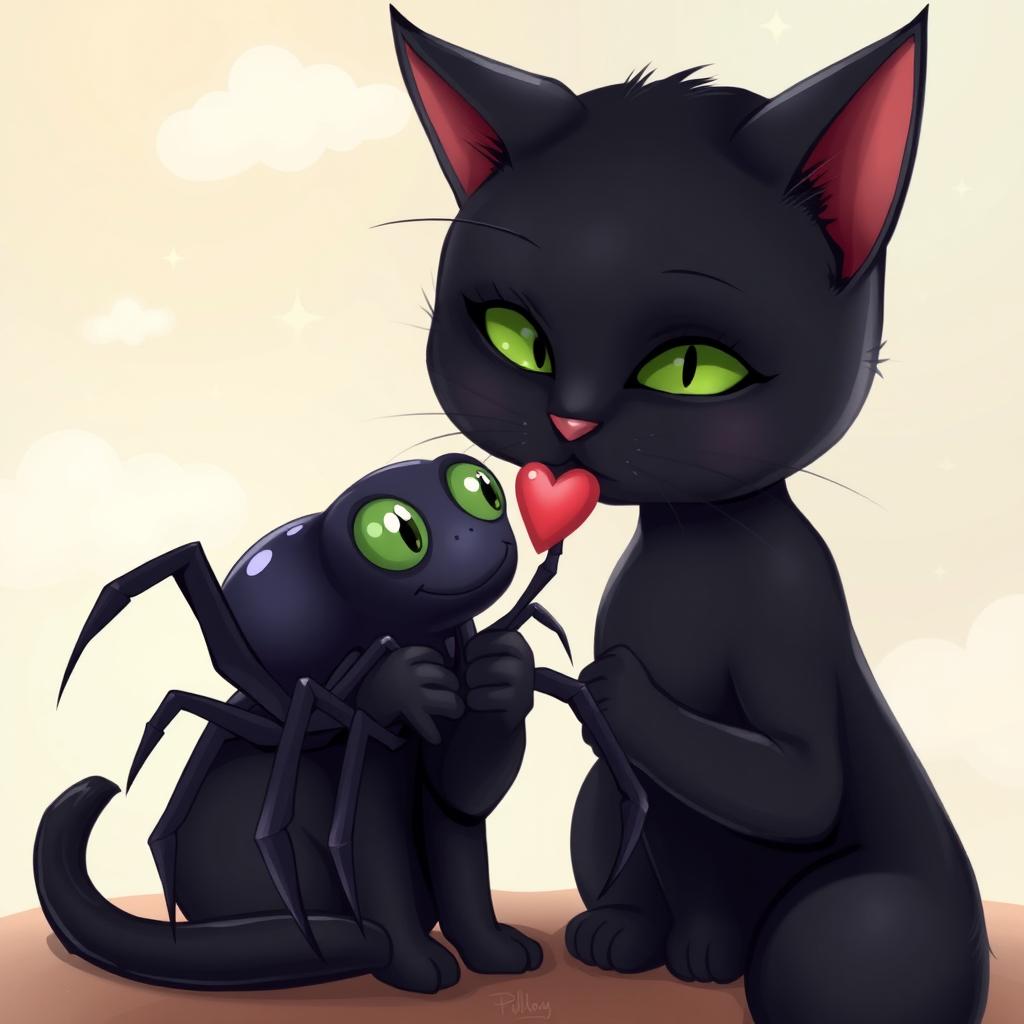 A romantic scene featuring a black cat and a cartoonish spider gently kissing