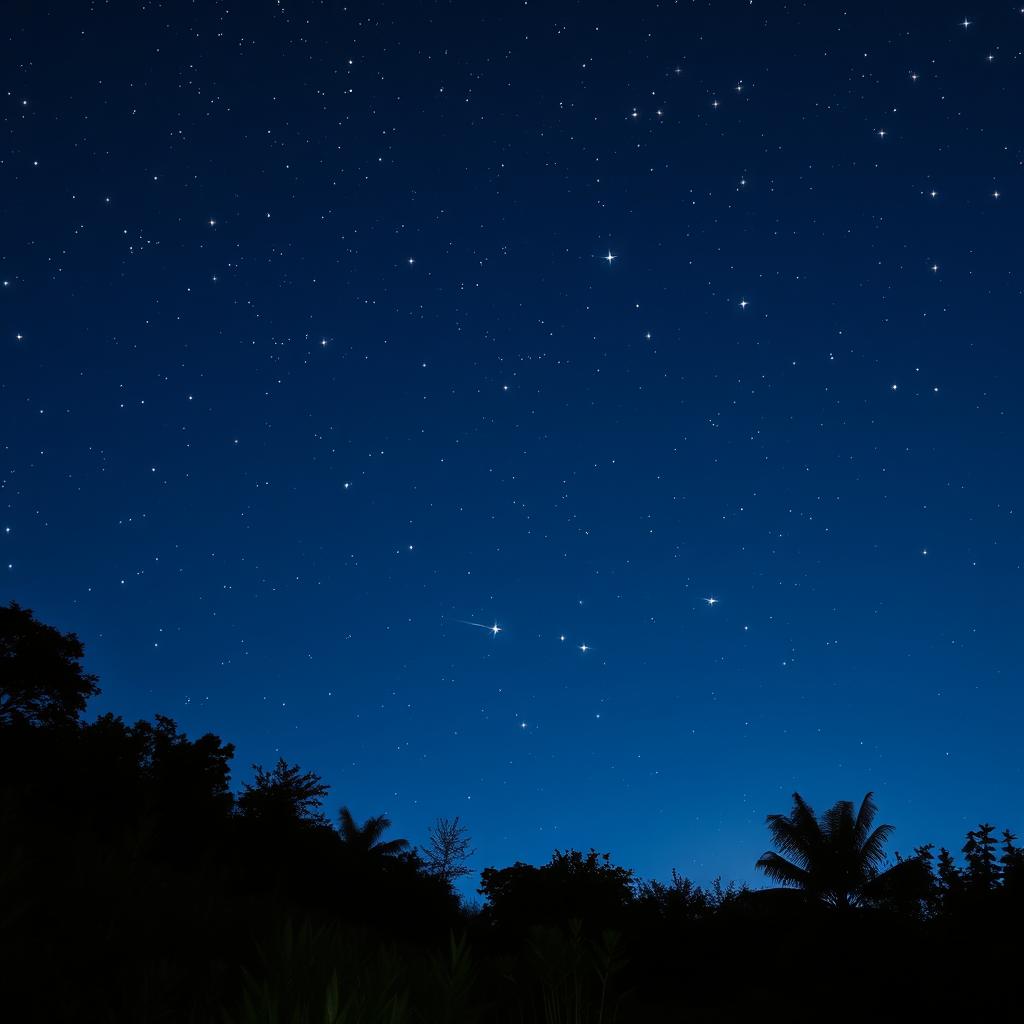 A serene image of nature at night featuring a deep blue sky adorned with twinkling stars