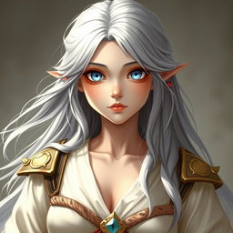 A sun cleric healer depicted as a kind, slim, and shy girl with long grey hair and striking topaz blue eyes