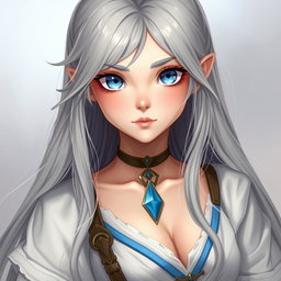 A sun cleric healer depicted as a kind, slim, and shy girl with long grey hair and striking topaz blue eyes
