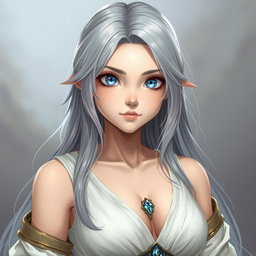 A sun cleric healer depicted as a kind, slim, and shy girl with long grey hair and striking topaz blue eyes