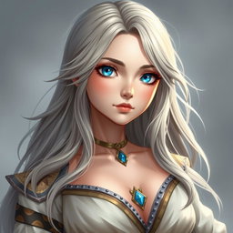 A sun cleric healer depicted as a kind, slim, and shy girl with long grey hair and striking topaz blue eyes