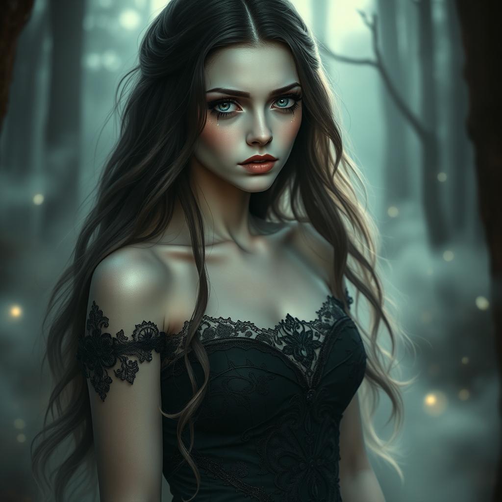 A captivating vampire woman with mesmerizing, tear-filled eyes that convey a sense of inspiration and allure