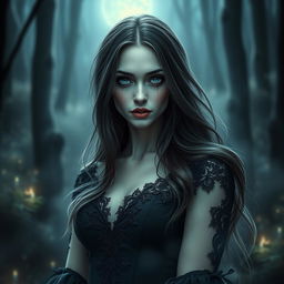 A captivating vampire woman with mesmerizing, tear-filled eyes that convey a sense of inspiration and allure