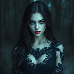 A captivating vampire woman with mesmerizing, tear-filled eyes that convey a sense of inspiration and allure