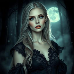 A captivating vampire woman with mesmerizing, tear-filled eyes that convey a sense of inspiration and allure