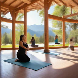 A supportive wellness center nestled in expansive nature, where individuals of extreme sizes are engaged in diverse activities like slow yoga, breathing exercises, therapeutic swimming, alongside supportive staff. Picturesque surroundings with mountain backdrops under a clear sky.