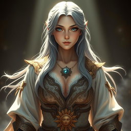 A sun cleric healer, a kind and slim shy European girl with long grey hair and captivating topaz blue eyes