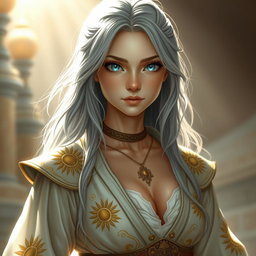 A sun cleric healer, a kind and slim shy European girl with long grey hair and captivating topaz blue eyes