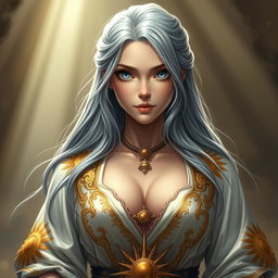 A sun cleric healer, a kind and slim shy European girl with long grey hair and captivating topaz blue eyes