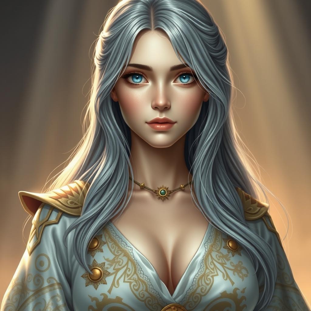 A sun cleric healer, a kind and slim shy European girl with long grey hair and captivating topaz blue eyes