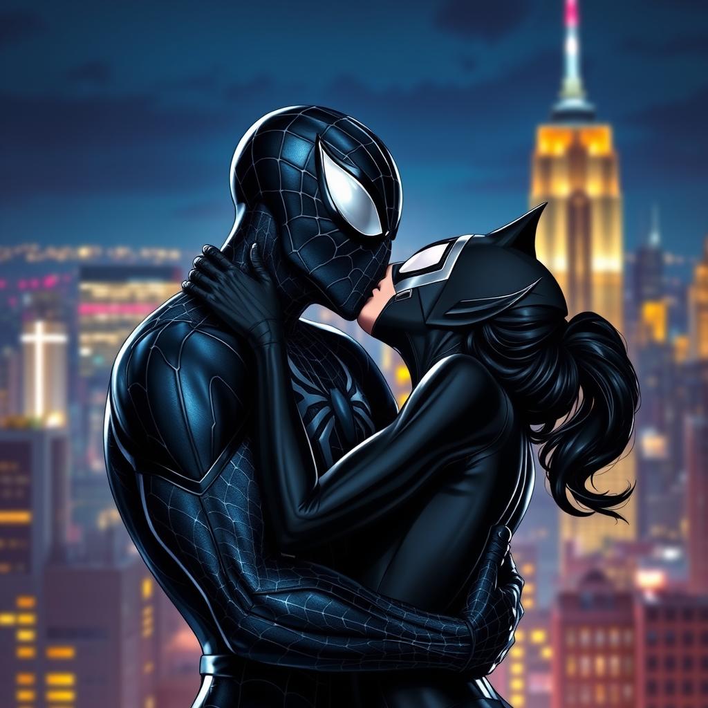 A passionate scene depicting Spider-Man in his iconic symbiote suit kissing Black Cat in a dynamic, romantic moment