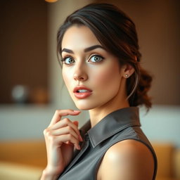 A beautiful 25-year-old woman with a surprised expression, facing directly towards the camera