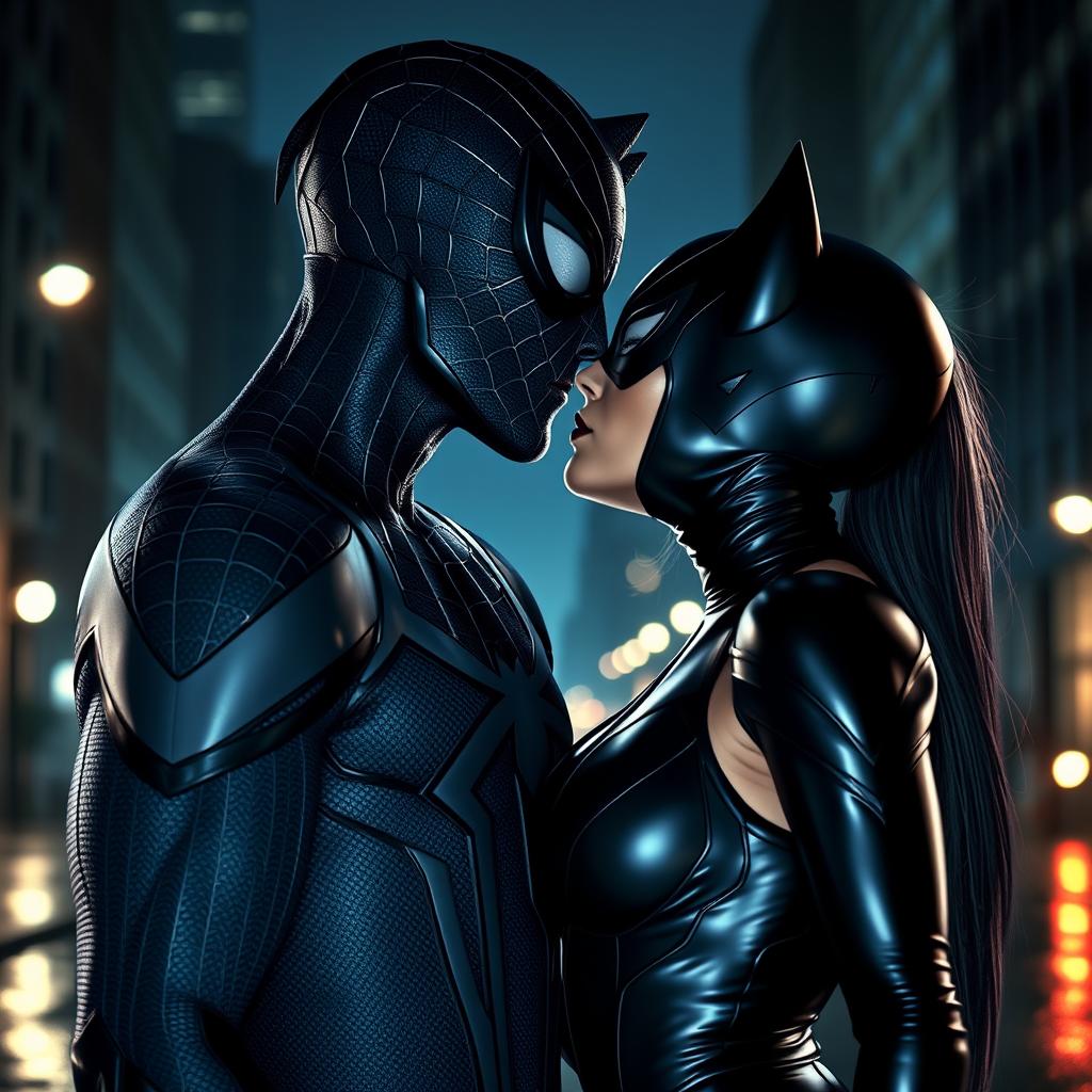 An intense and passionate moment between Spider-Man, depicted with a symbiote suit, and Black Cat