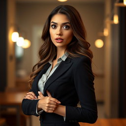 A beautiful 25-year-old woman with a surprised expression, looking directly at the camera