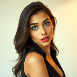 A beautiful 25-year-old woman with a surprised expression, looking directly at the camera