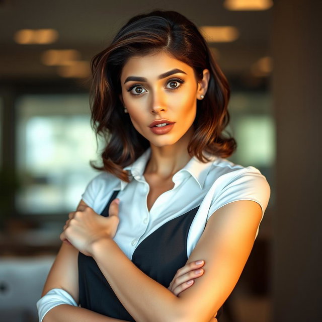 A beautiful 25-year-old woman with a surprised expression, looking directly at the camera