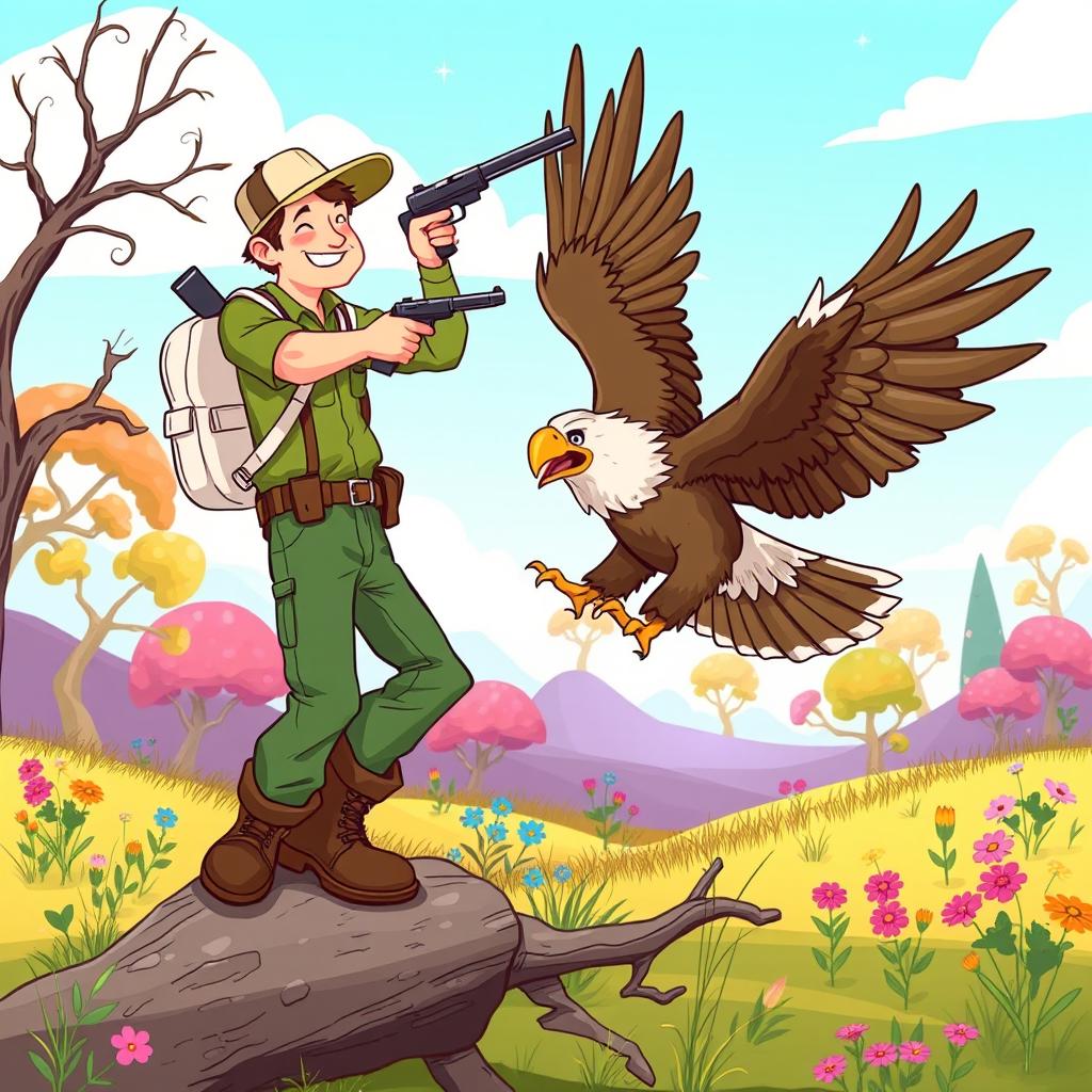 A playful cartoon scene depicting a hunter wearing green pants and a matching green shirt, with rugged brown boots and a white backpack