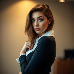 A beautiful 25-year-old woman with an expression of surprise, facing directly towards the camera