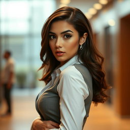 A beautiful 25-year-old woman with an expression of surprise, facing directly towards the camera