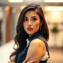 A beautiful 25-year-old woman with an expression of surprise, facing directly towards the camera