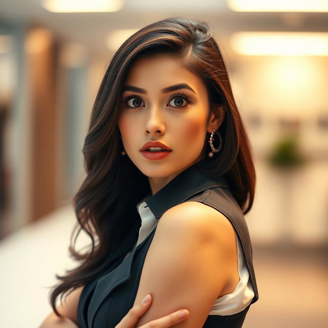 A beautiful 25-year-old woman with an expression of surprise, facing directly towards the camera