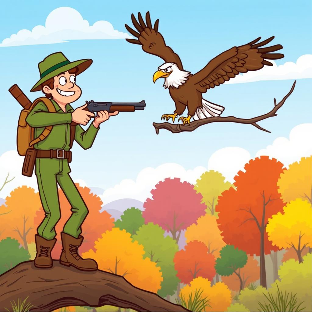 A whimsical cartoon scene featuring a hunter dressed in green pants and a matching green shirt, complete with sturdy brown boots
