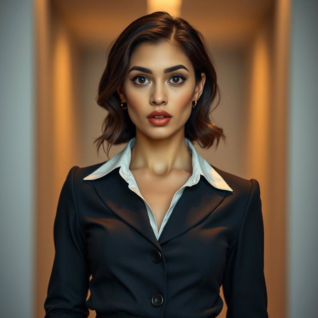 A stunning 25-year-old woman with an expression of surprise, standing front-facing and looking directly at the camera