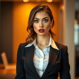 A stunning 25-year-old woman with an expression of surprise, standing front-facing and looking directly at the camera