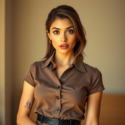 A stunning 25-year-old woman with an expression of surprise, standing front-facing and looking directly at the camera