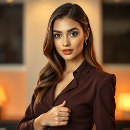 A stunning 25-year-old woman with an expression of surprise, standing front-facing and looking directly at the camera