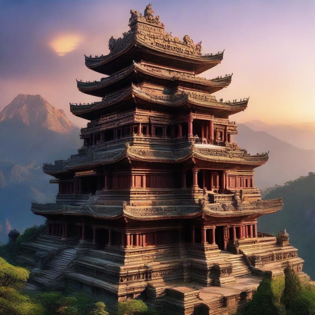 A majestic, ancient temple perched atop a mountain peak. It's adorned with intricate carvings of various deities. Tall pillars support a grand entrance, with a colorful sunset in the backdrop.