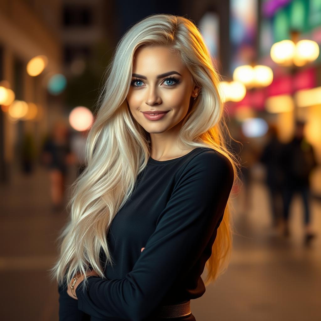 A beautiful platinum blonde woman with striking features and sparkling blue eyes, wearing a stylish and elegant outfit
