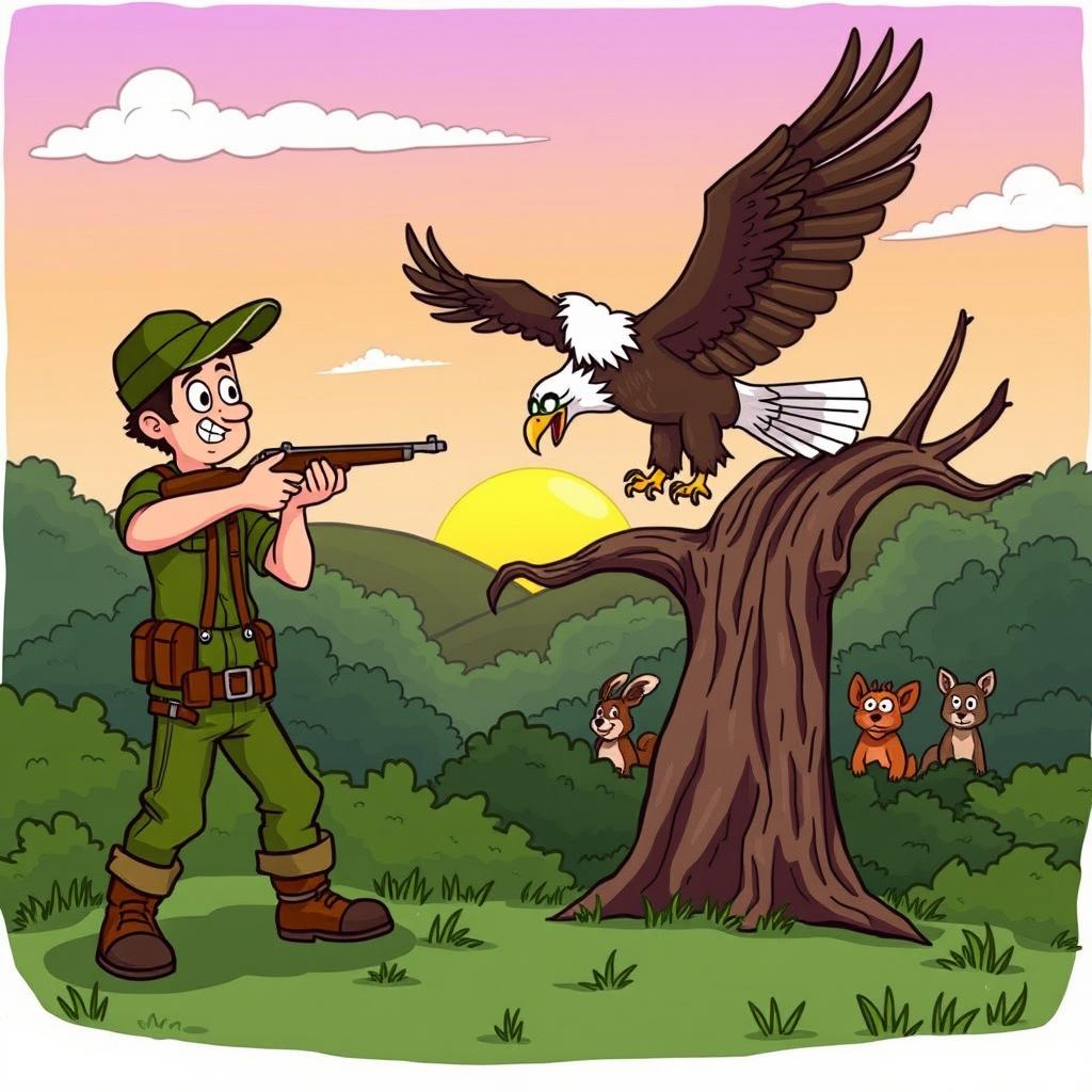 The cartoon scene continues with the hunter, still dressed in green pants, a green shirt, and rugged brown boots, now taking action as he steadies his aim at the eagle perched on the dead tree branch in the distance