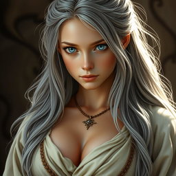 A realistic portrayal of a sun cleric healer, an innocent and kind European girl