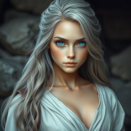 A realistic portrayal of a sun cleric healer, an innocent and kind European girl