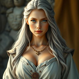 A realistic portrayal of a sun cleric healer, an innocent and kind European girl