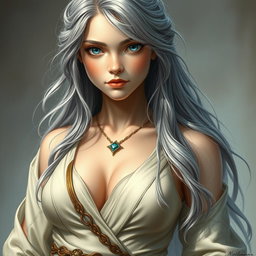 A realistic portrayal of a sun cleric healer, an innocent and kind European girl