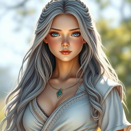 A realistic depiction of a sun cleric healer, an innocent and kind European girl with long ash grey hair and striking topaz blue eyes