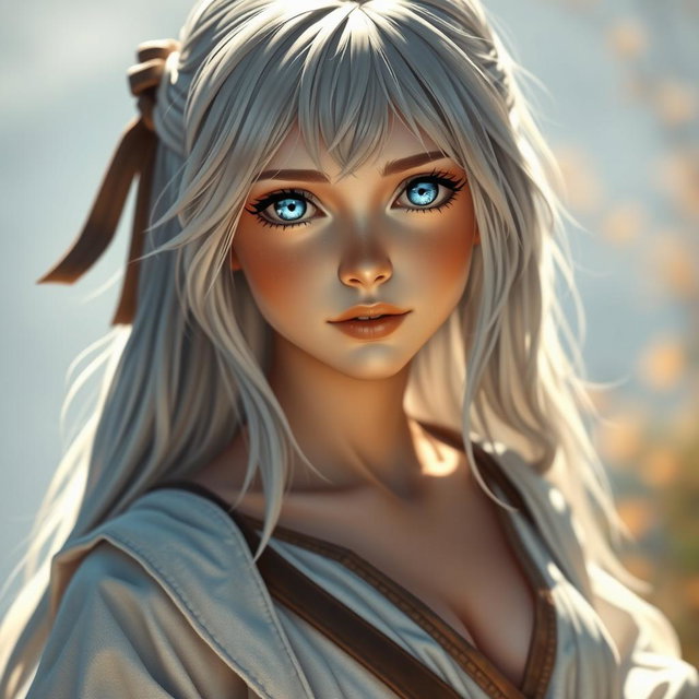 A realistic depiction of a sun cleric healer, an innocent and kind European girl with long ash grey hair and striking topaz blue eyes