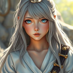 A realistic depiction of a sun cleric healer, an innocent and kind European girl with long ash grey hair and striking topaz blue eyes