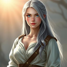 A realistic depiction of a sun cleric healer, an innocent and kind European girl with long ash grey hair and striking topaz blue eyes